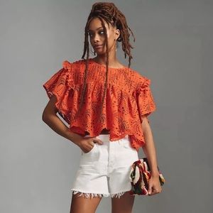 FARM RIO Red/Orange Palm Tree Richelieu Eyelet Blouse